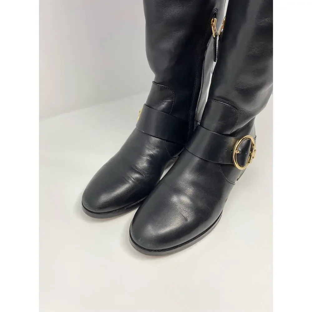 Tory Burch Sofia Riding Boot 6.5, Tall Black Leather Gold Buckle